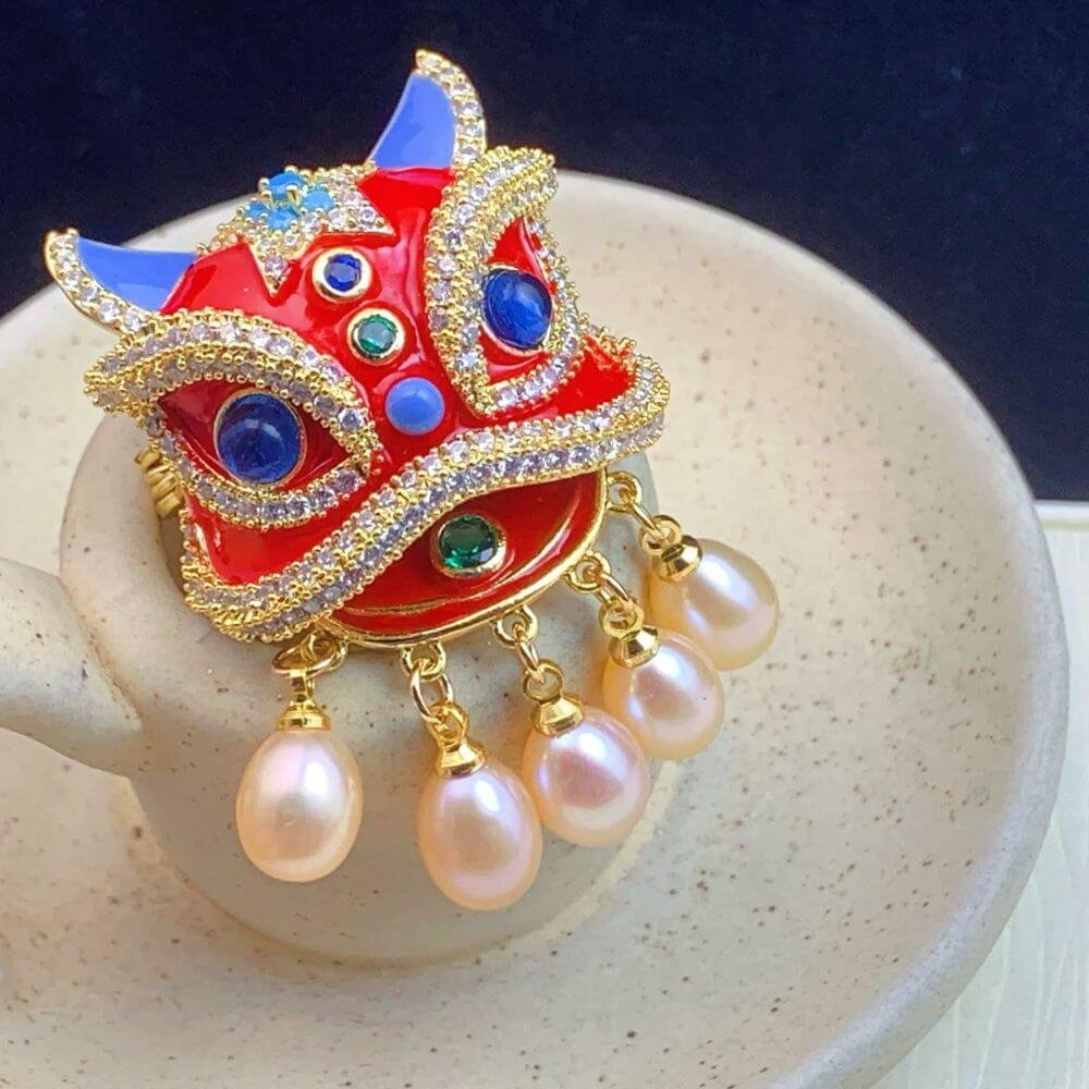Buy Chinese Traditional Lion Demonstraion Pearl Breastpin For Sale