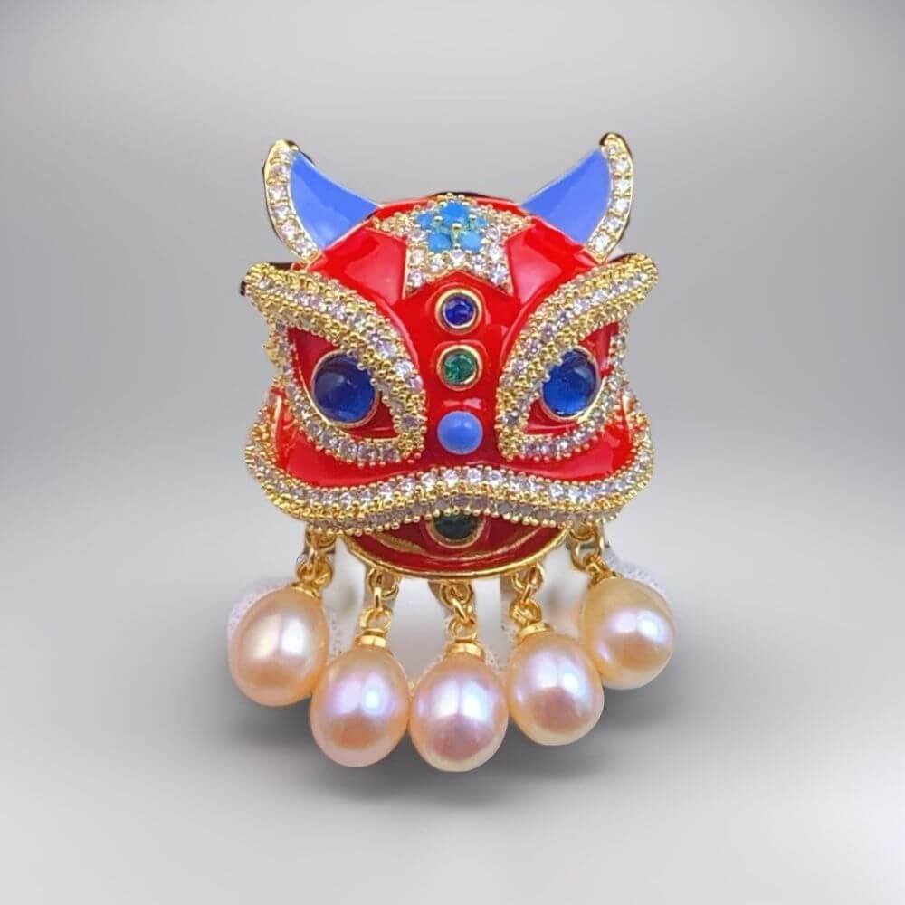 Cheap Chinese Traditional Lion Demonstraion Pearl Breastpin On Sale